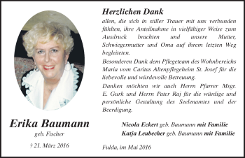 Traueranzeige von Erika Baumann 