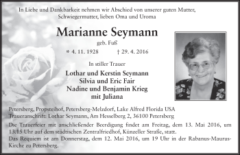Traueranzeige von Marianne Seymann 