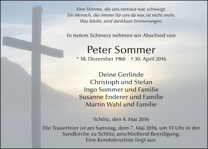  Traueranzeige für Peter Sommer vom 04.05.2016 aus 