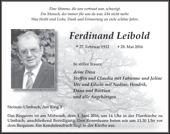 Traueranzeige von Ferdinand Leibold 