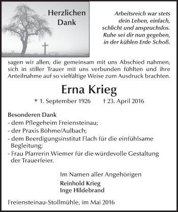 Traueranzeige von Erna Krieg 