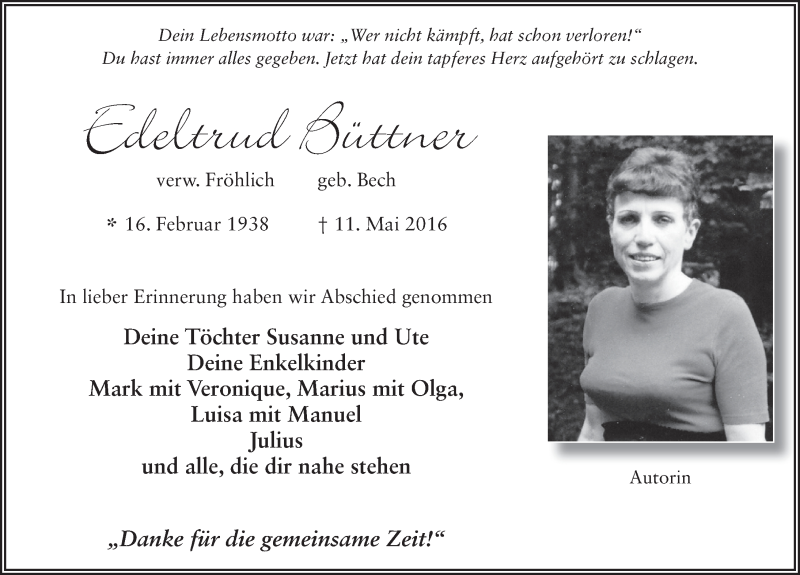  Traueranzeige für Edeltrud Büttner vom 31.05.2016 aus 
