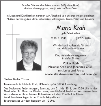 Traueranzeige von Maria Krah 