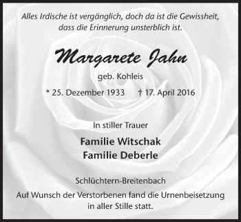 Traueranzeige von Margarete Jahn 