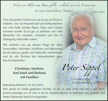 Traueranzeige von Peter Sippel 