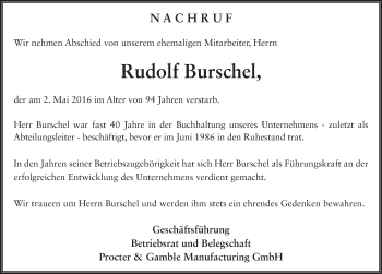 Traueranzeige von Rudolf Burschel 