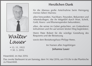 Traueranzeige von Walter Lauer 