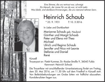 Traueranzeige von Heinrich Schaub 