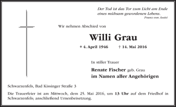 Traueranzeige von Willi Grau 