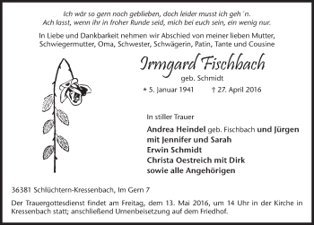 Traueranzeige von Irmgard Fischbach 