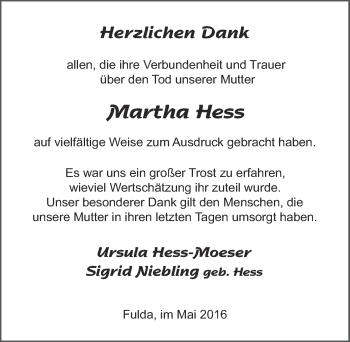 Traueranzeige von Martha Hess 