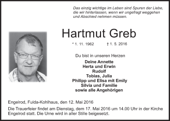 Traueranzeige von Hartmut Greb 