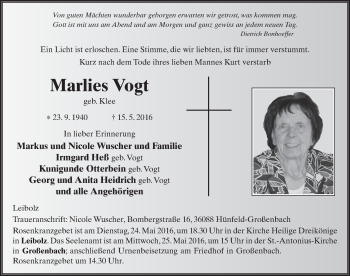 Traueranzeige von Marlies Vogt 