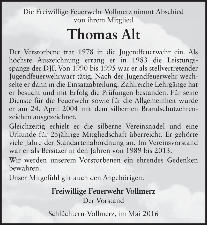  Traueranzeige für Thomas Alt vom 28.05.2016 aus 