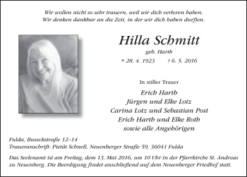 Traueranzeige von Hilla Schmitt 