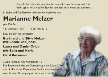 Traueranzeige von Marianne Melzer 