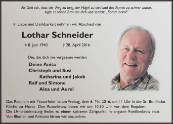 Traueranzeige von Lothar Schneider 