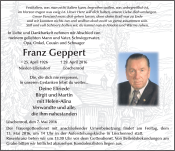 Traueranzeige von Franz Geppert 