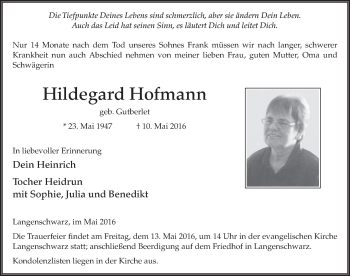 Traueranzeige von Hildegard Hofmann 