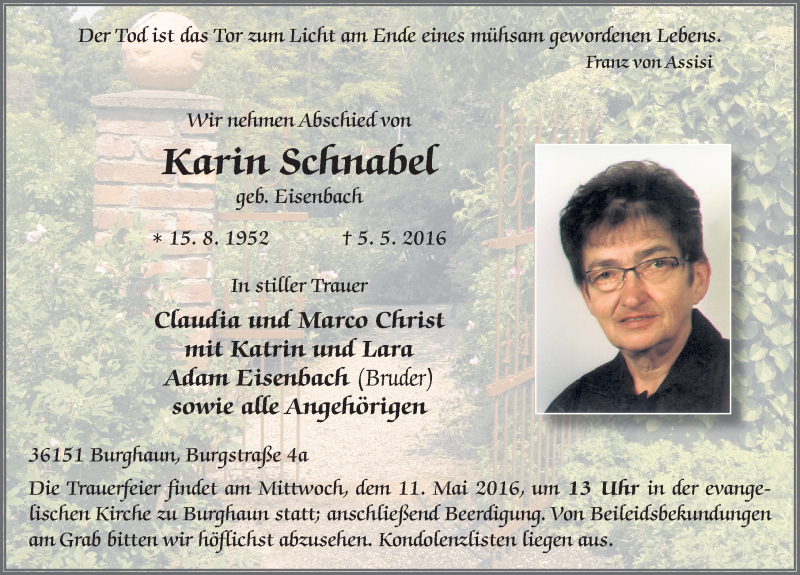  Traueranzeige für Karin Schnabel vom 09.05.2016 aus 