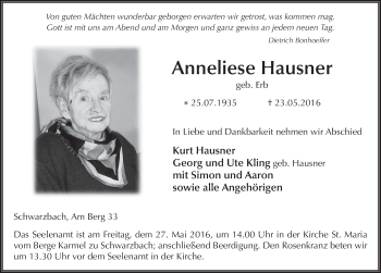 Traueranzeige von Anneliese Hausner 