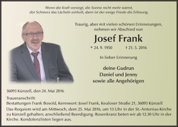 Traueranzeige von Josef Frank 