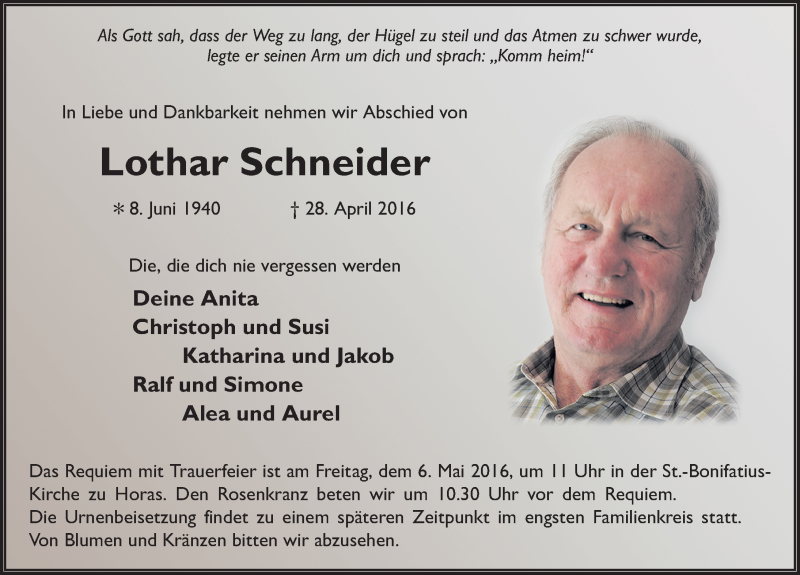  Traueranzeige für Lothar Schneider vom 03.05.2016 aus 