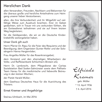 Traueranzeige von Elfriede Kremer 