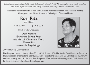 Traueranzeige von Rosi Ritz 
