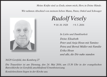 Traueranzeige von Rudolf Vesely 
