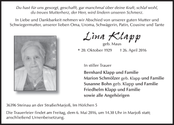 Traueranzeige von Lina Klapp 