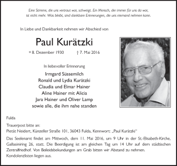 Traueranzeige von Paul Kurätzki 