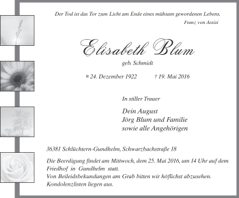 Traueranzeige von Elisabeth Blum 