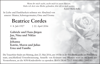 Traueranzeige von Beatrice Cordes 