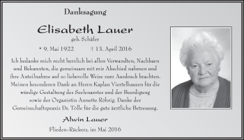 Traueranzeige von Elisabeth Lauer 