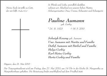 Traueranzeige von Pauline Aumann 