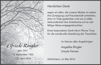 Traueranzeige von Elfriede Ringler 