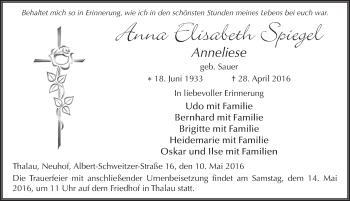 Traueranzeige von Anna Elisabeth Spiegel 