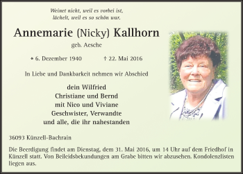 Traueranzeige von Annemarie Kallhorn 