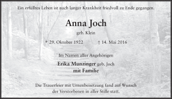 Traueranzeige von Anna Joch 