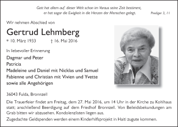 Traueranzeige von Gertrud Lehmberg 