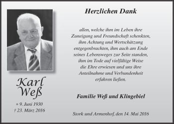Traueranzeige von Karl Weß 