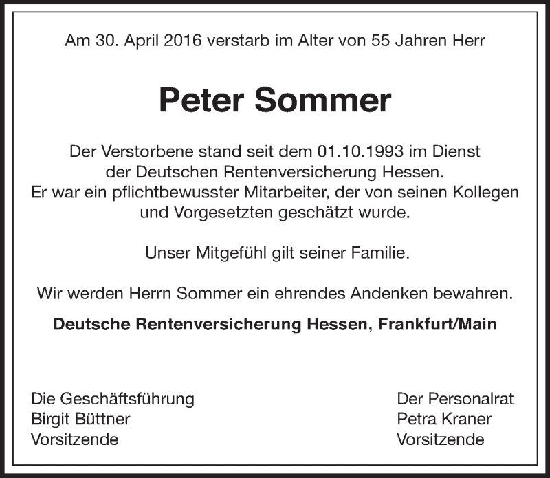  Traueranzeige für Peter Sommer vom 25.05.2016 aus 