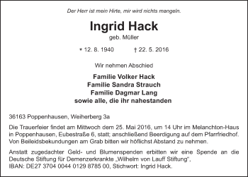 Traueranzeige von Ingrid Hack 