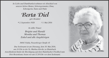 Traueranzeige von Berta Diel 