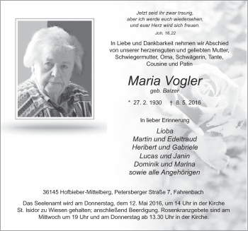 Traueranzeige von Maria Vogler 