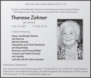 Traueranzeige von Therese Zehner 