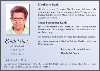 Traueranzeige von Edith Dietz 