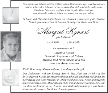 Traueranzeige von Margret Kynast 