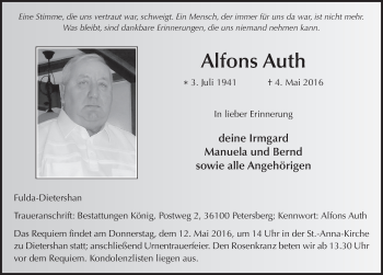 Traueranzeige von Alfons Auth 